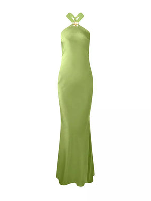Lime green satin halter maxi dress with floral detail at neckline