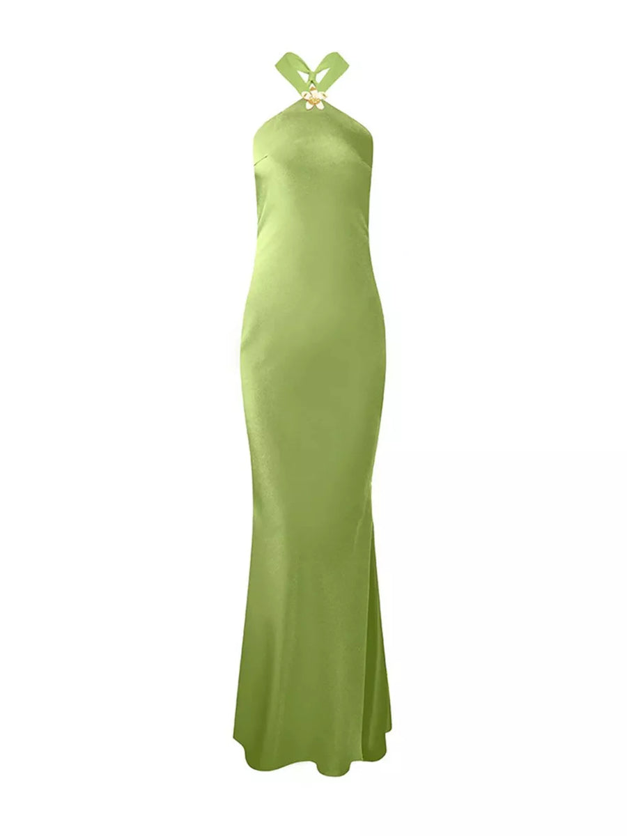 Lime green satin halter maxi dress with floral detail at neckline