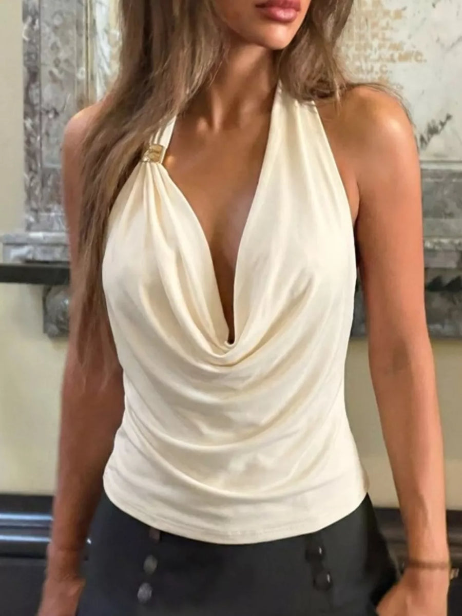 Apricot cowl neck ruched tank top with gold detail