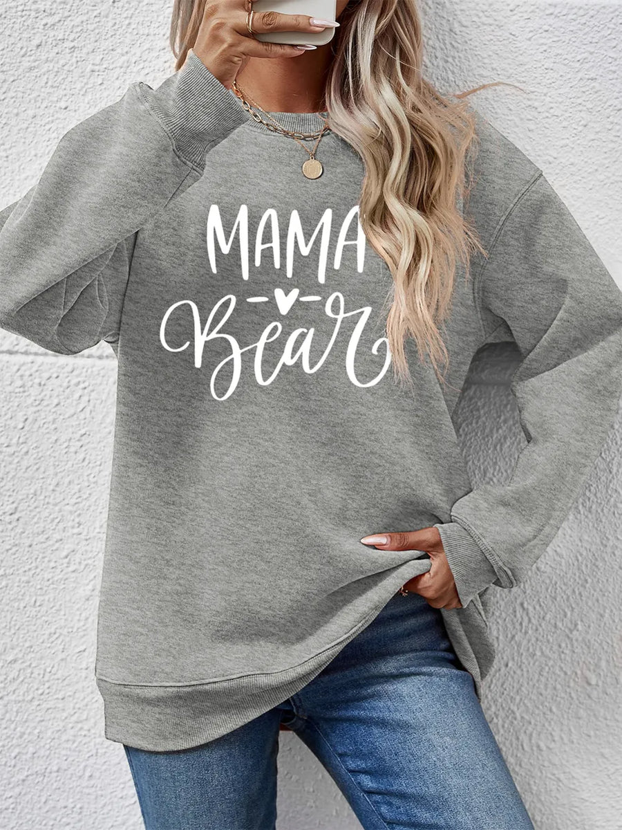 Mama Bear graphic sweatshirt in dark gray with crewneck and long sleeves.