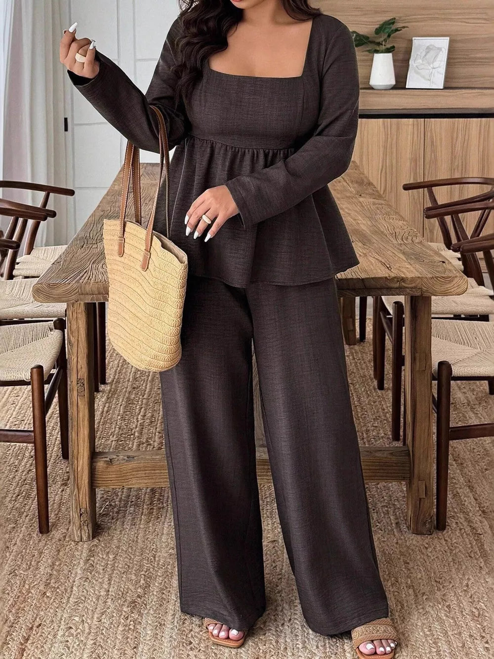 Dark brown ruched square neck two-piece set with wide-leg pants.