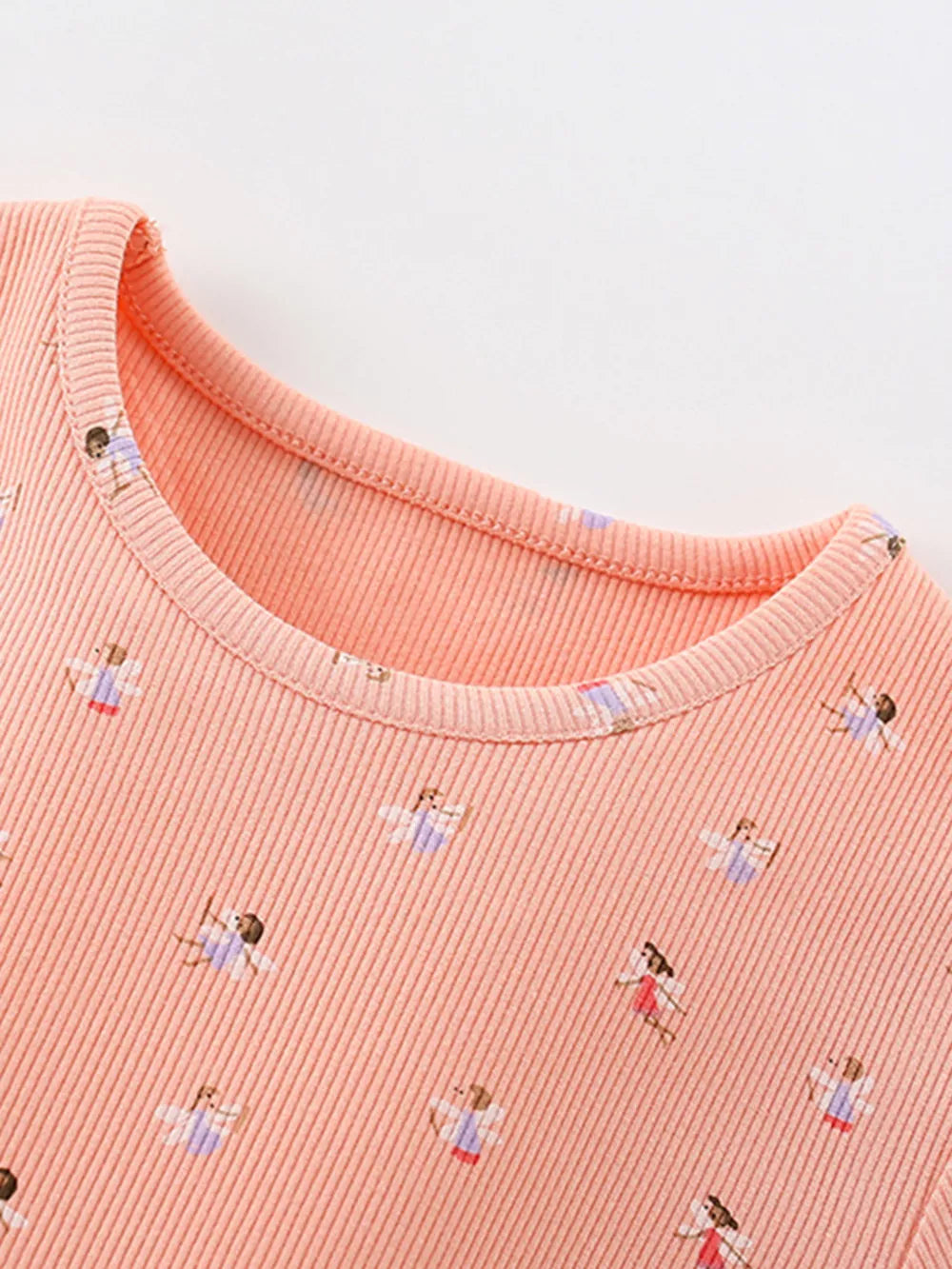 Coral ribbed cotton crew neck dress with dancer print for baby girls.