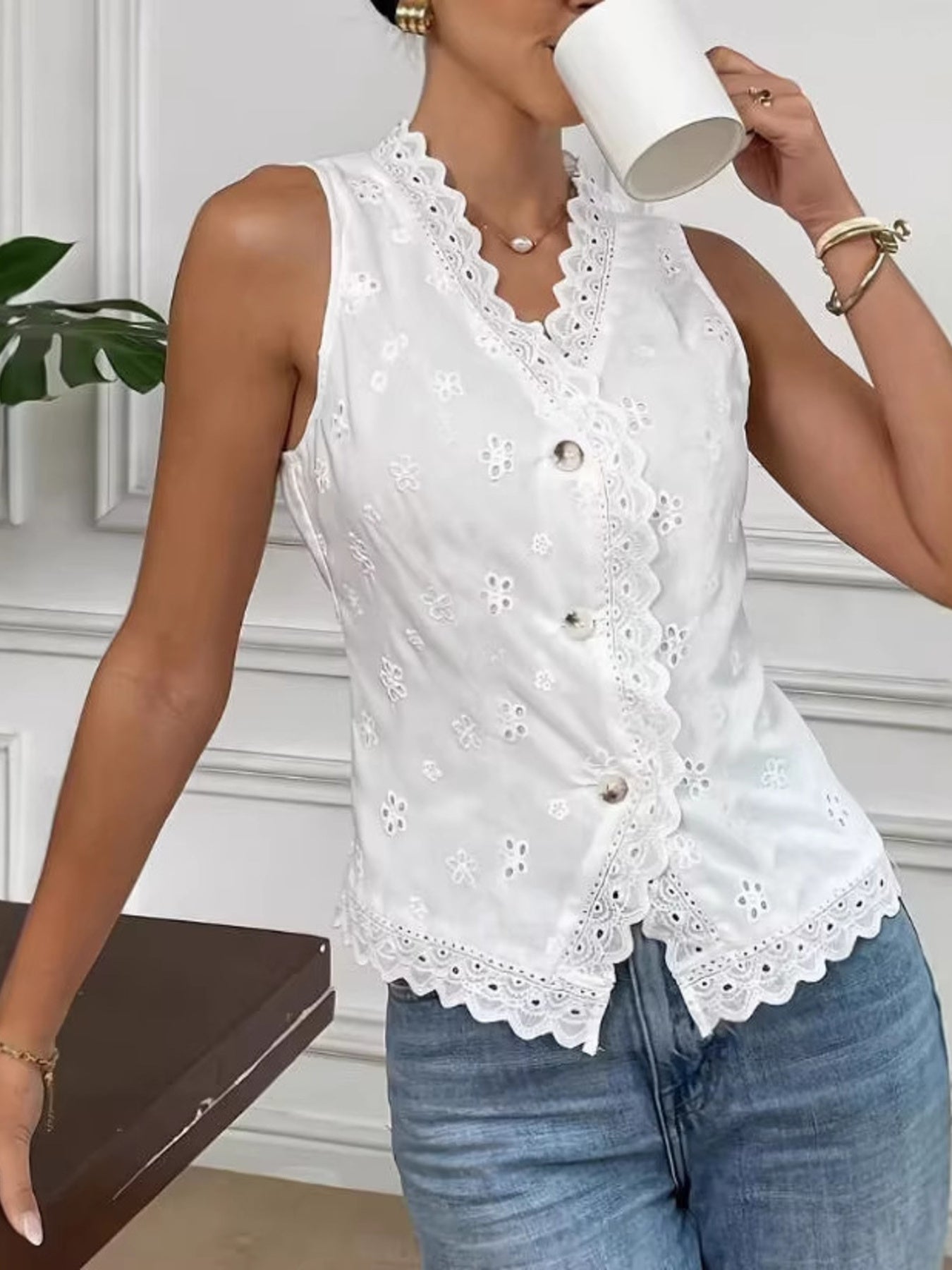 white tank top with ditsy floral and v-neck