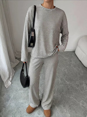 Gray with Striped Round Neck Top And Pants Set in Gray