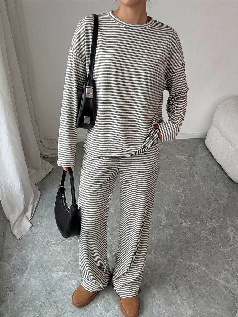 Gray with Striped Round Neck Top And Pants Set in Gray