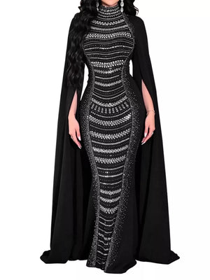 100% polyester Care instructions: Machine wash cold maxi dress in black with fitted silhouette