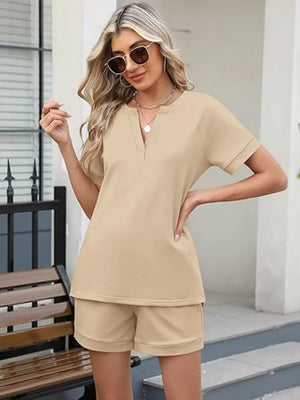 Apricot relaxed two-piece set with v-neck top and shorts