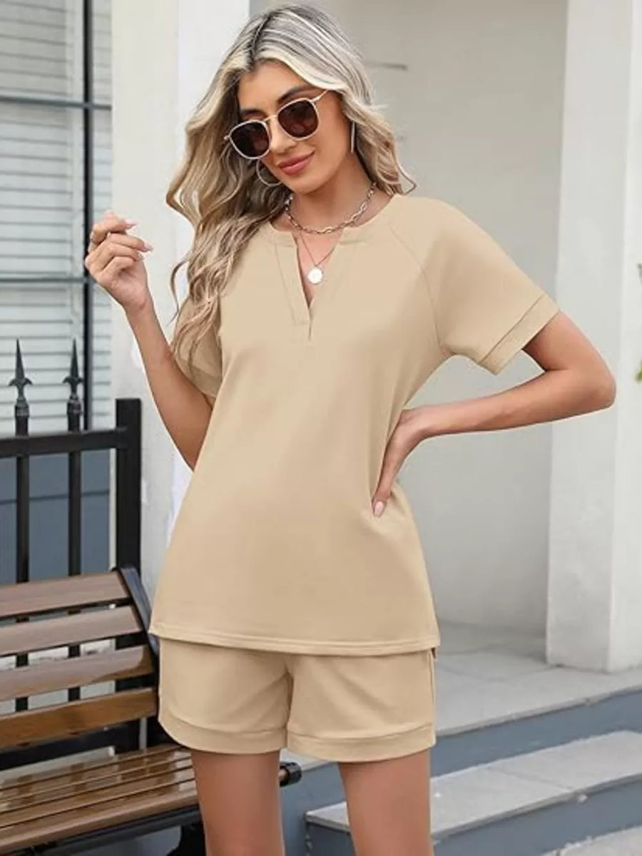 Apricot relaxed two-piece set with v-neck top and shorts