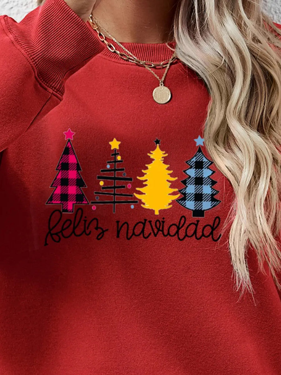 Red crewneck sweatshirt with Feliz Navidad graphic and Christmas trees.