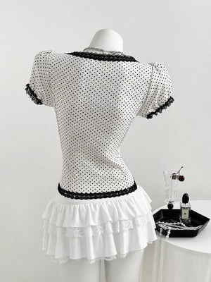 Polka Dot Lace Trim Puff Sleeve Top in Pink Purple