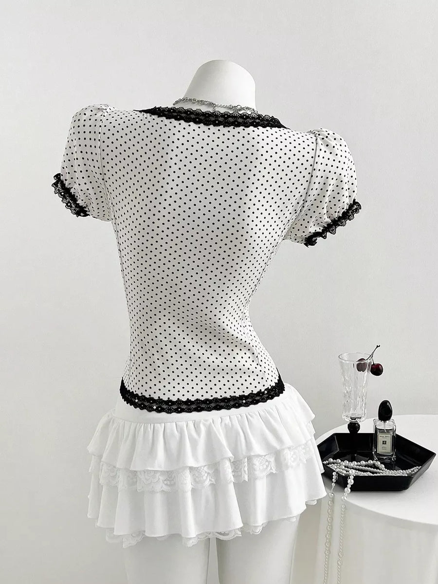 Polka Dot Lace Trim Puff Sleeve Top in Pink Purple