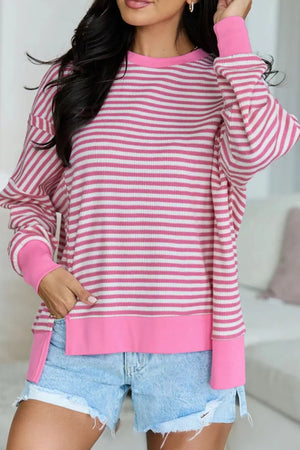 Stripe Textured Knit Color Block Long Sleeve Top in Pastel Yellow