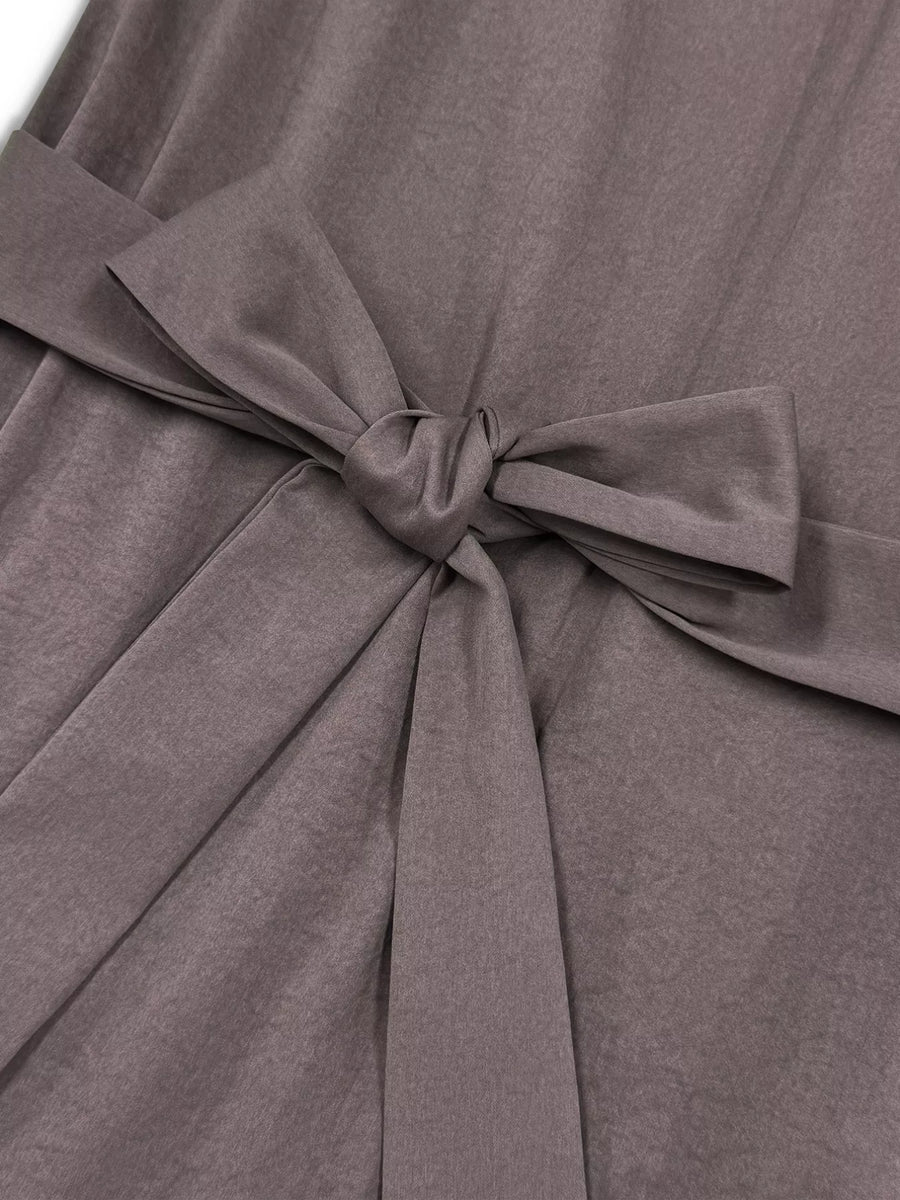 Elegant midi dress in coffee brown with a tie waist detail and ruffle hem.