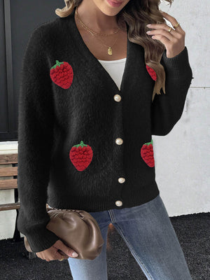 red cardigan with applique and long sleeve