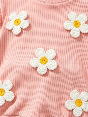 Pink with Children's Daisy Ruffled Ribbed Top & Flare Pants Set in Pink