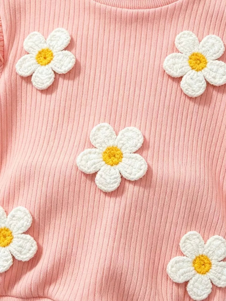 Pink with Children's Daisy Ruffled Ribbed Top & Flare Pants Set in Pink