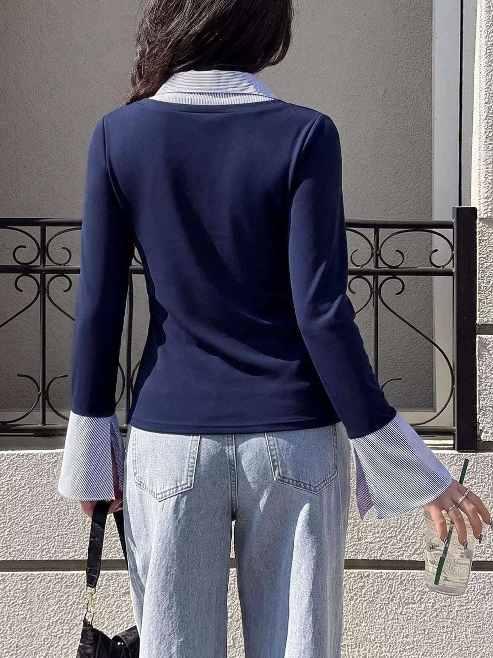 Contrast Collar Long Sleeve Top option 5