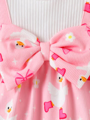 Pink with Children's Bow Duck Print Romper With Headband in Pink