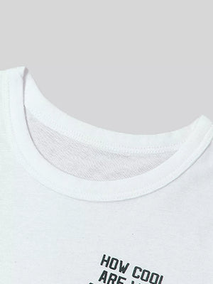 White crewneck t-shirt with black text graphic