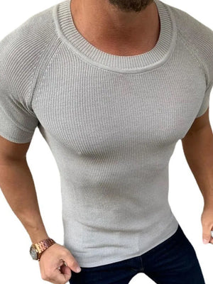 Gray ribbed knit tee with crew neck and raglan sleeves.