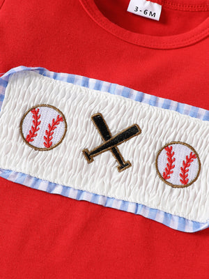 Red baseball graphic tee with smocked panel and gingham trim.