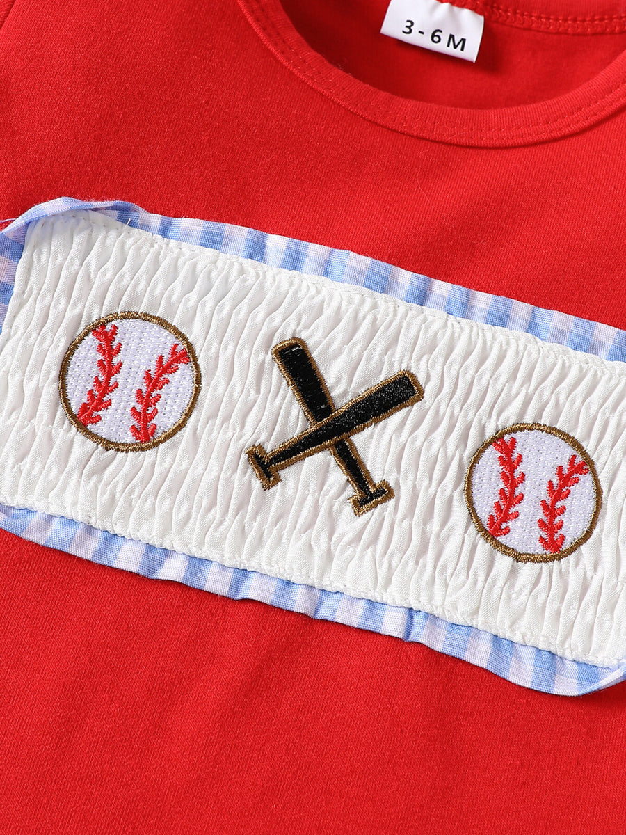 Red baseball graphic tee with smocked panel and gingham trim.