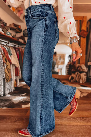 flare jeans in Navy with acid wash and buttoned