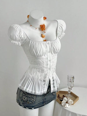 Lace Button Up Short Sleeve Shirt option 5