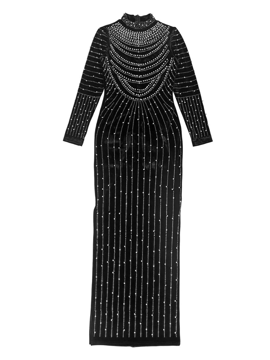 glam maxi dress in silver with mock neck