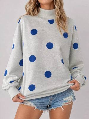royal blue sweatshirt featuring stretch and polka dot