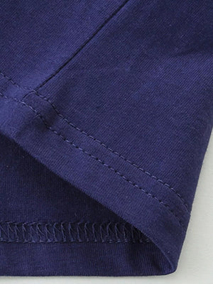 Toddler navy blue cotton crew neck t-shirt detail showing stitching.