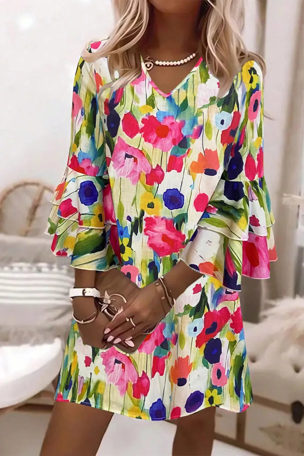 Multicolor V-neck Ruffle Sleeve Floral Mini Dress