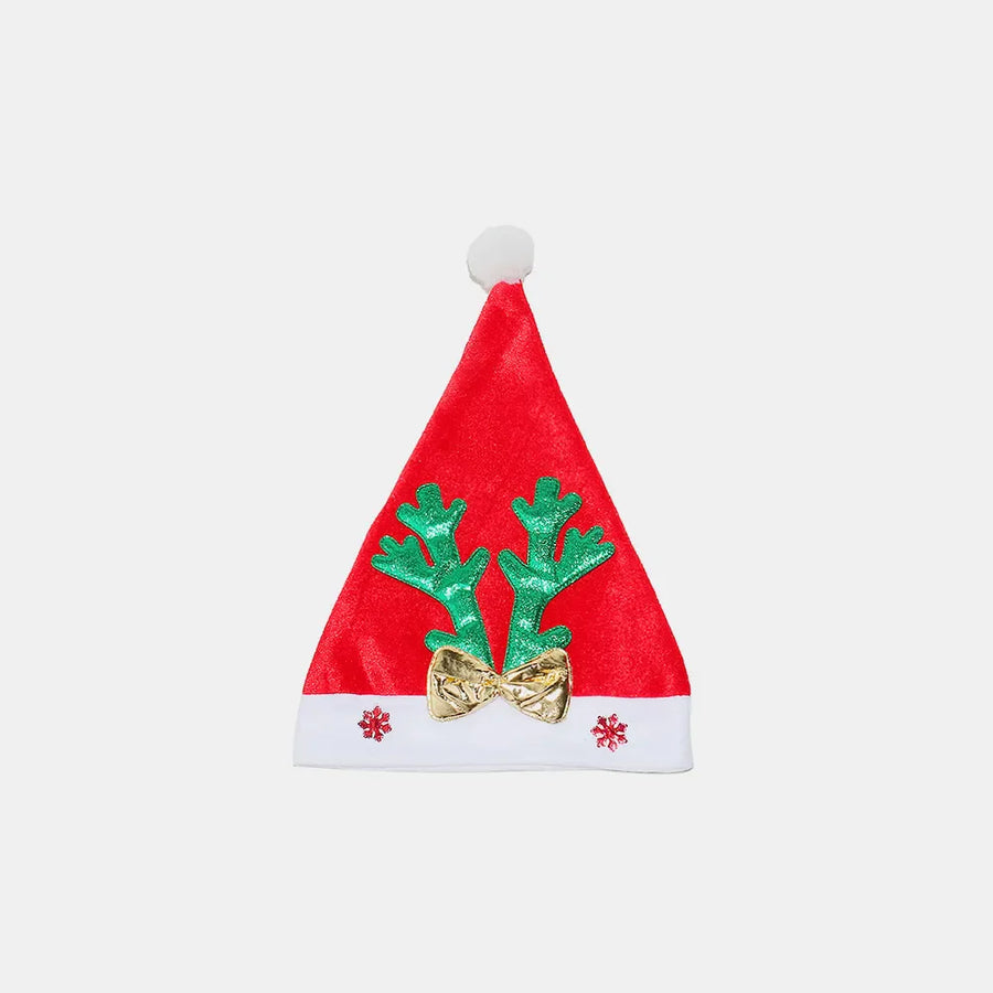 Red party hat with green glitter antlers, gold bow, and snowflake trim