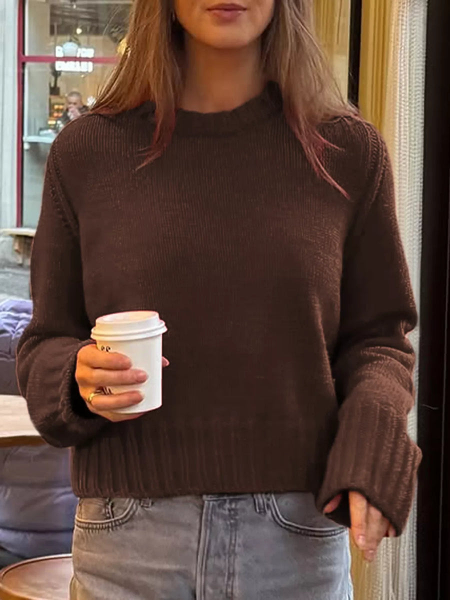 Brown ribbed round-neck knit sweater with long sleeves and a comfortable fit.