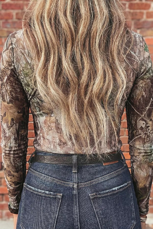dark brown mesh top featuring long sleeve and camo