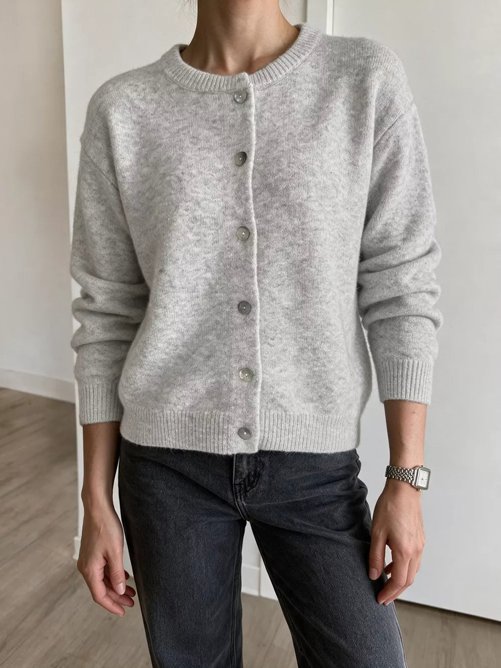 Gray/white cardigan with hip-length and button-front