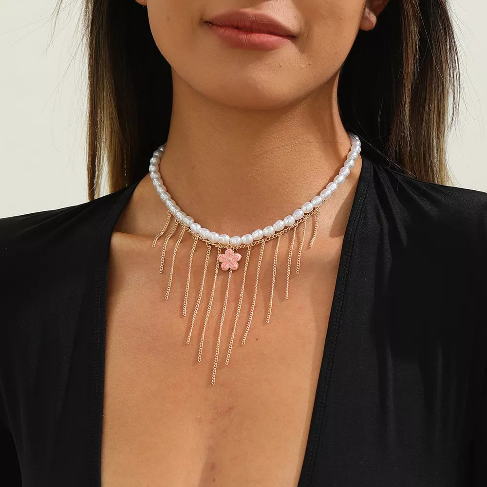 White with Elegant 18k Gold-plated Synthetic Pearl Choker Necklace in White