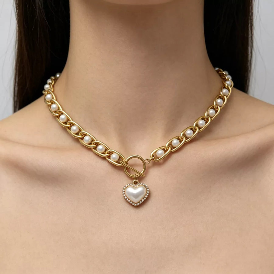 Gold with Chunky Pearl And Heart Pendant 18k Gold-plated Necklace
