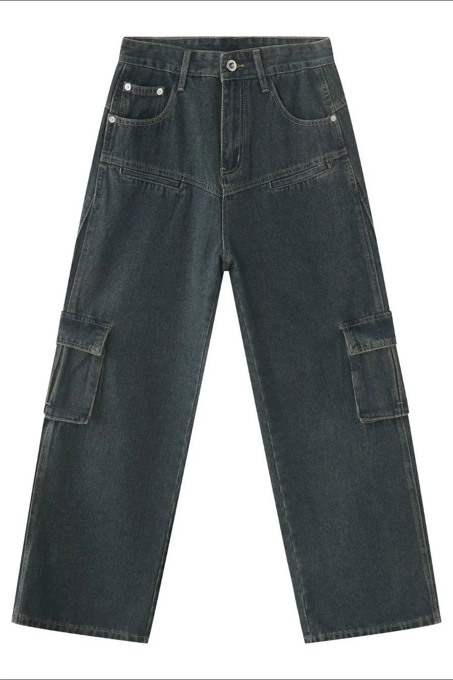 Panelled dark denim cargo pants with multiple pockets and a relaxed fit.
