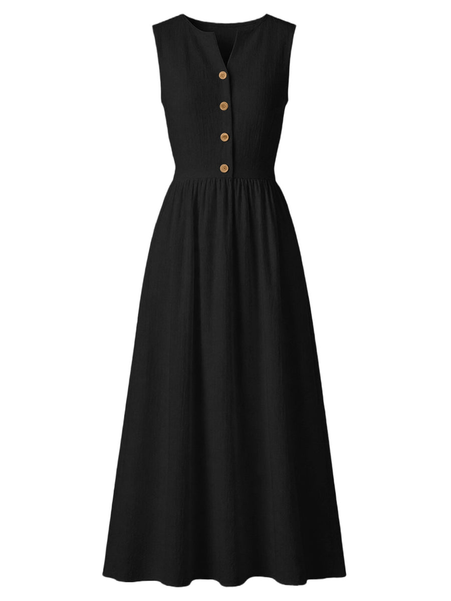 Black button front midi dress with V-neck and elastic waist