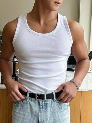 White ribbed men's tank top with a scoop neck and body-hugging fit.