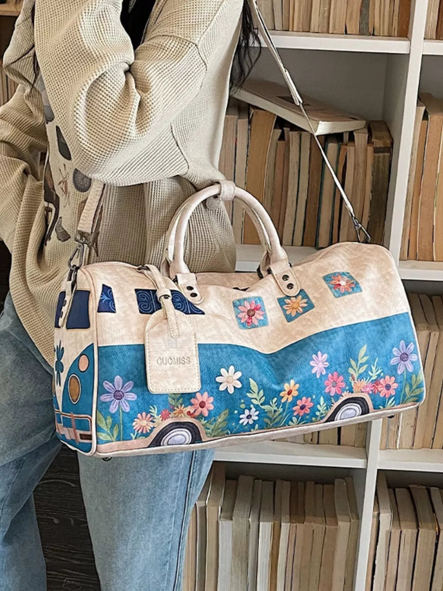 Flower Power Large Duffel Bag with camper van and floral print, beige and blue.