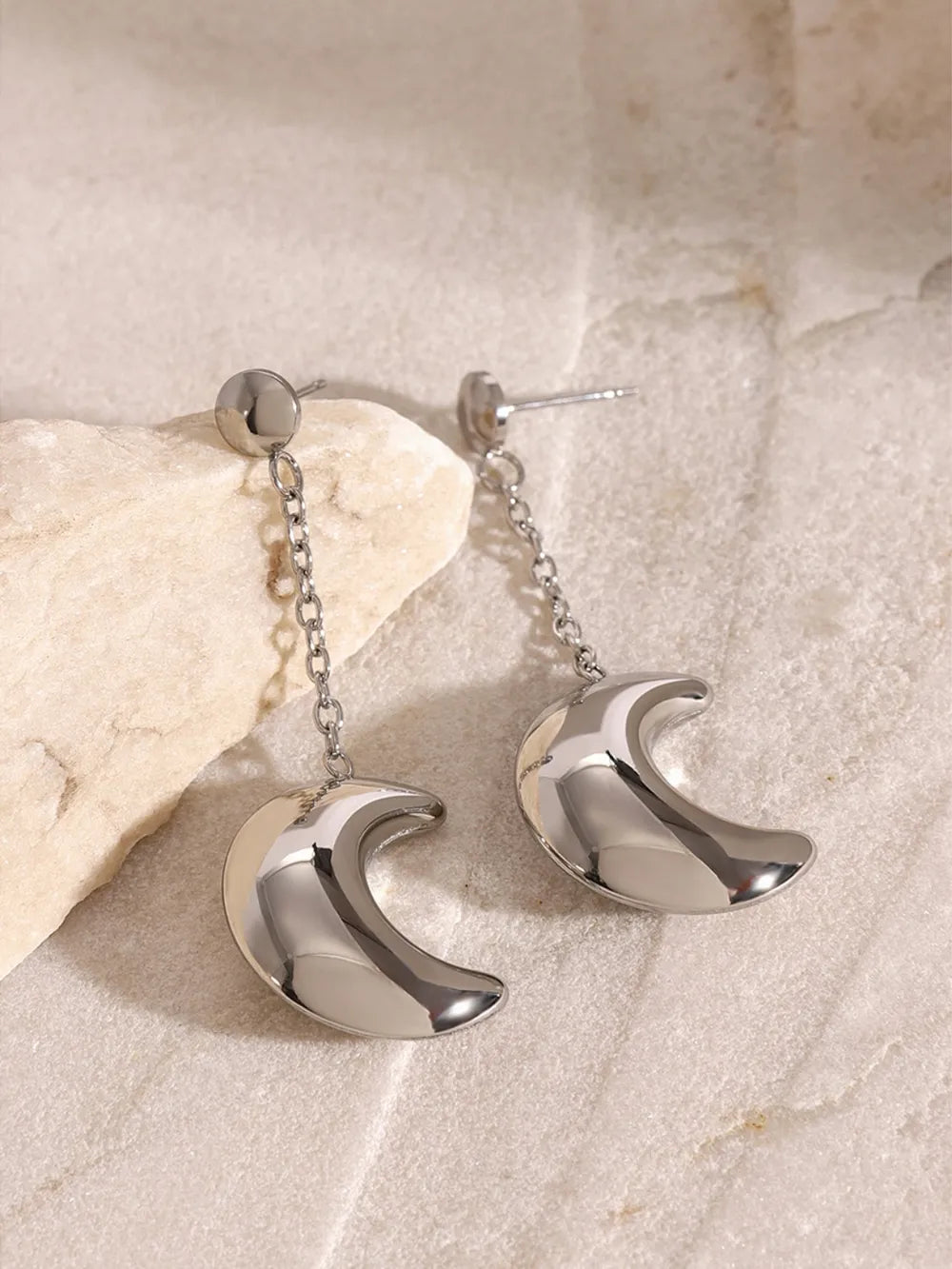 Silver celestial crescent drop earrings with chain detail