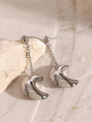 Silver celestial crescent drop earrings with chain detail