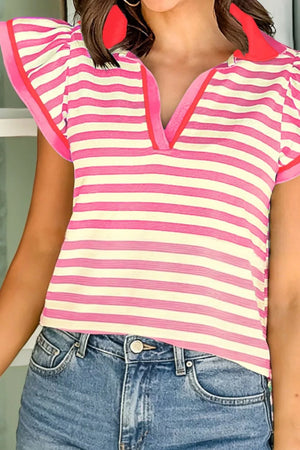 Pink and cream striped polyester overshirt with ruffled sleeves and a v-neck collar.