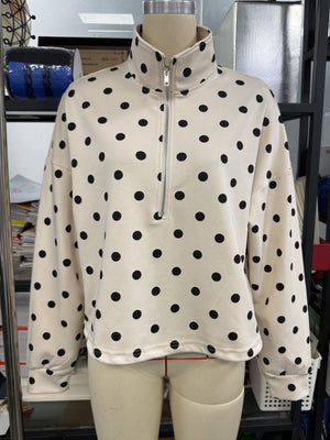 Polka Dot Half Zip Cropped Sweatshirt in Black with drawstring