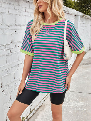 Striped breton tee in green and pink with lime trim and neckline detail.