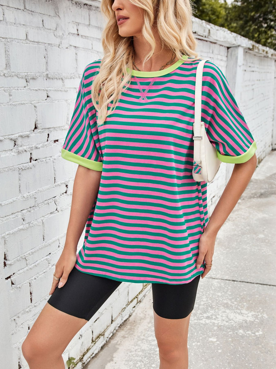 Striped breton tee in green and pink with lime trim and neckline detail.