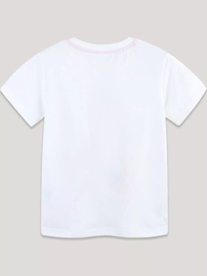 White cotton t-shirt with pink stitched neckline, short sleeves, and graphic detail.