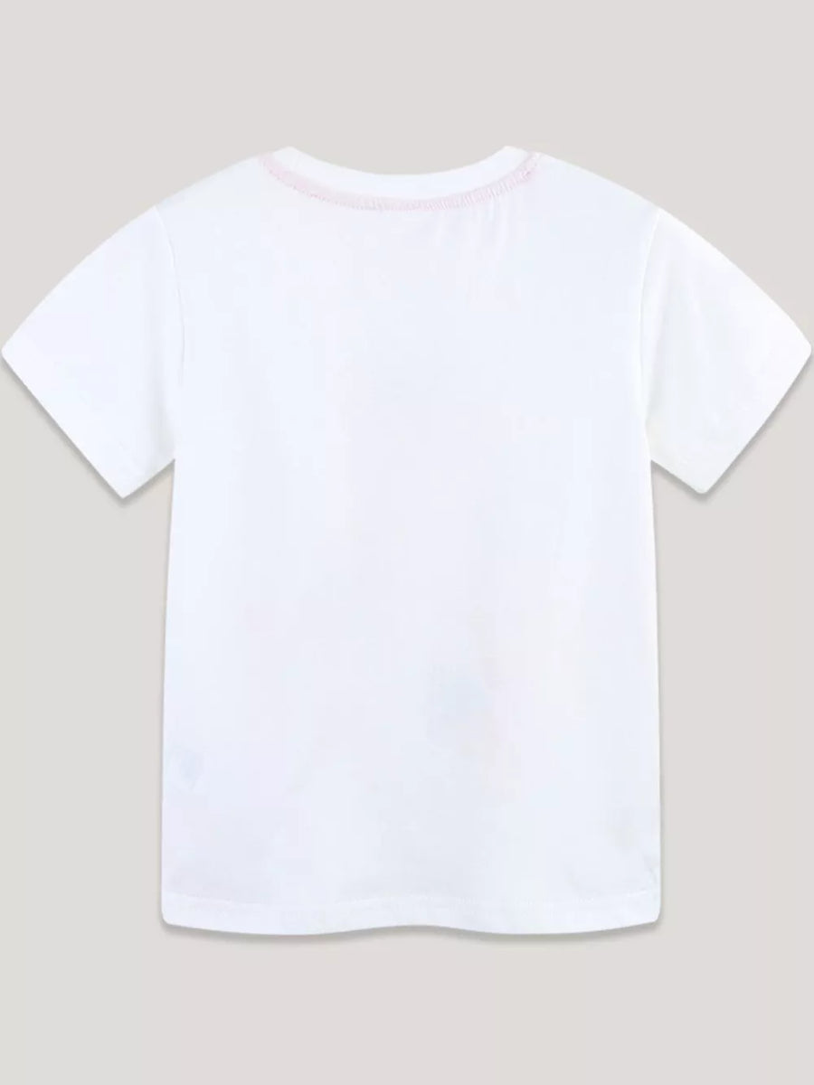 White cotton t-shirt with pink stitched neckline, short sleeves, and graphic detail.